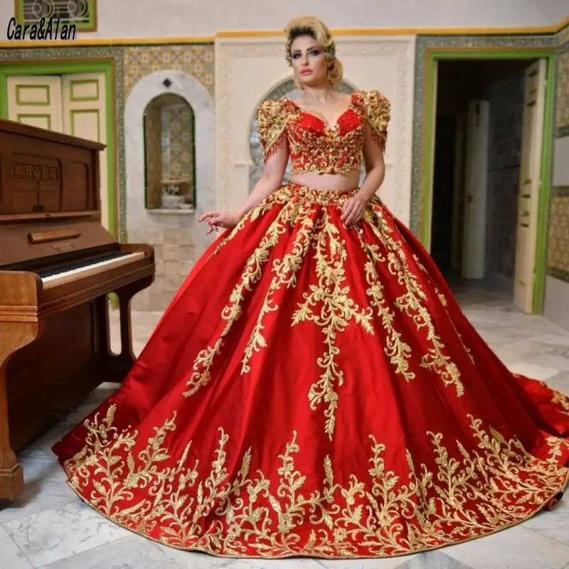 Traditional Tunisian Embroidery Evening Dresses Cap Sleeves Beading Satin Prom Gowns Short Sleeves Wedding Party Wear