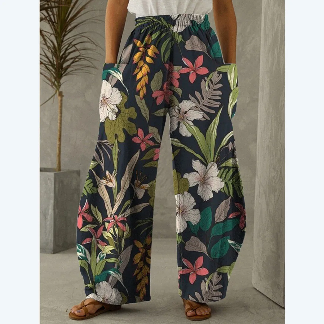 

Summer women's slim elastic waistband with slanted pockets, wide Leg Pants With Floral Print, High Waisted Pants For Women