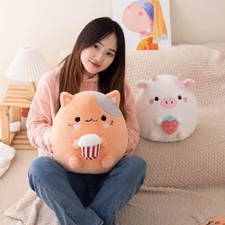 Strawberry Cow Plush Toys, Kawaii Cow Stuffed Animals Squishy Doll Cute Cat Plush Soft Kawaii Kitten Plush Pillow with Popcorn