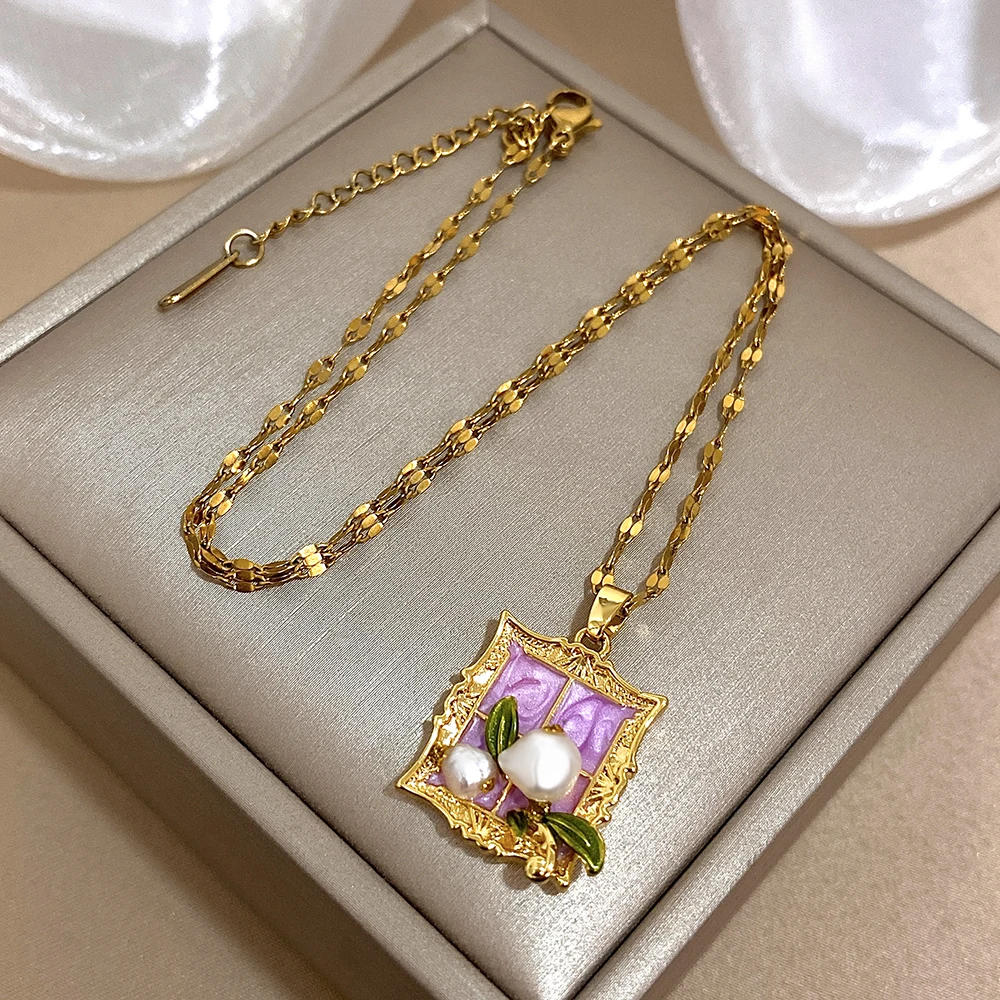 Freetry Golden Plated Drip Oil Monet Garden Flower Pendant Necklace for Women Stainless Steel Chain Choker Jewelry on the Neck