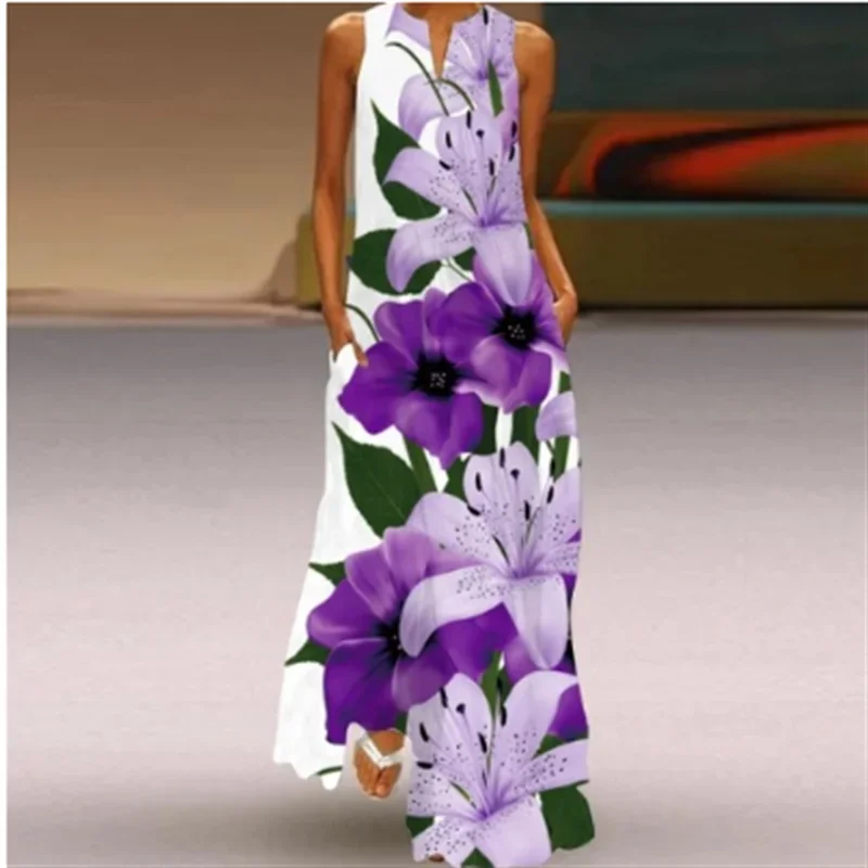 Letnia długa sukienka damska Kwiatowy nadruk 3D bez rękawów Eleganckie sukienki imprezowe dla kobiet 2024 Casual Beach Women Dress Spring Clothes — zdjęcie 2