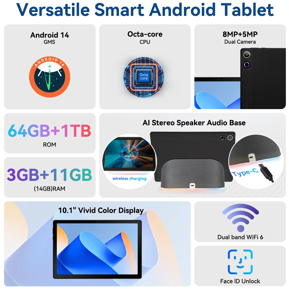 تابلت AEEZO المحدث بنظام Android 14 مع مكبر صوت ستيريو AI قاعدة توصيل Otca-Core 14GB + 64GB 1 تيرابايت توسيع WiFi 6 + BT5.3 Suport Goolge Play