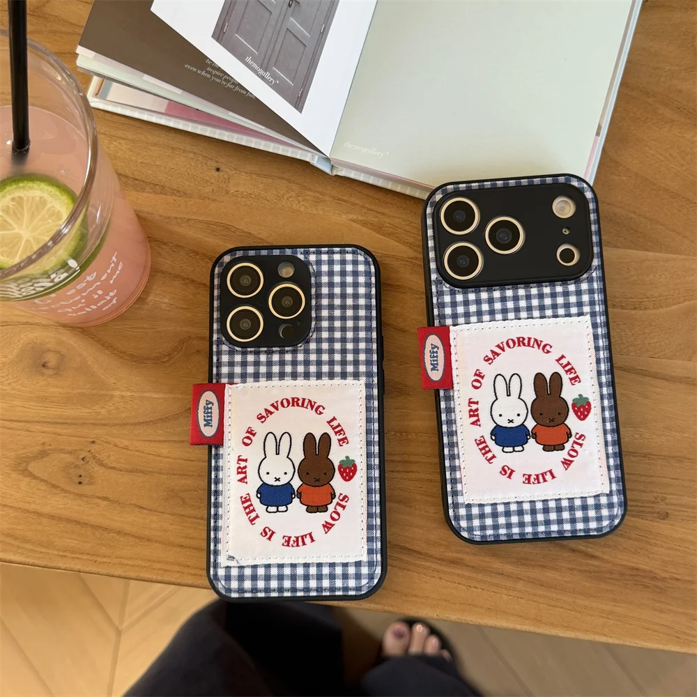 

New Cute Korean Checkered Rabbit Leather Case for iPhone 17 Promax 14, 15, 16 Pro Max Luxury Protective Cover