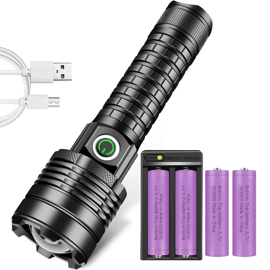 Skywolfeye Lanterna LED super brilhante recarregável USB XHP60 Tocha com zoom com 3 modos para acampamento ao ar livre de emergência