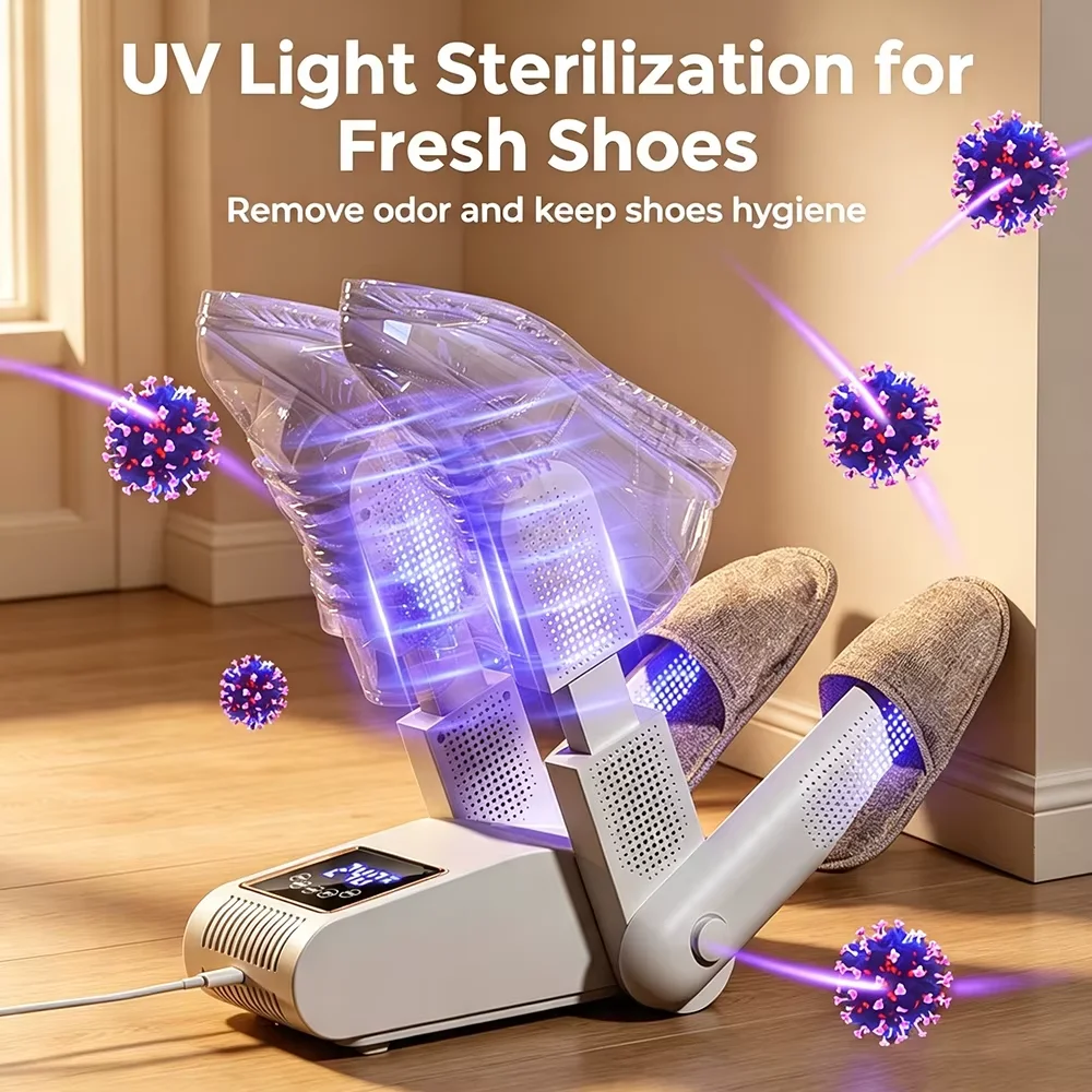Image of Elektrischer Schuhtrockner mit 4 Heizstäben, intelligenter digitaler Zeitschaltuhr, tragbarer Schuh-Deodorierer, schnelle Trocknungsmaschine für Stiefel und Socken