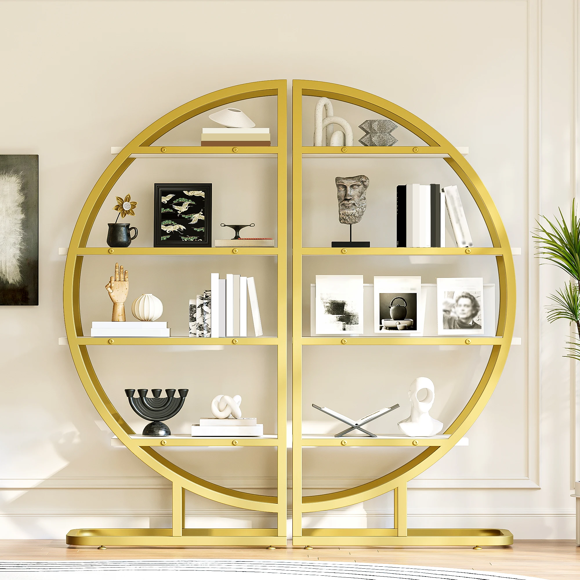 Librería Arqueada de 2 Piezas 120x30x130cm con Estructura de Metal Dorado y Estantes Blancos, Estantería de Exhibición Media Luna de 4 Niveles, Organizador Moderno para Sala de Estar