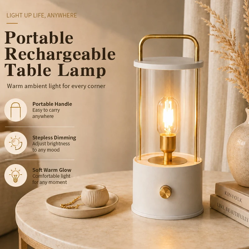 Portable Rechargeable Table Lamp with Handle Stepless Dimming Warm Light Night Light Bedroom Living Room Study Dining Room Decor