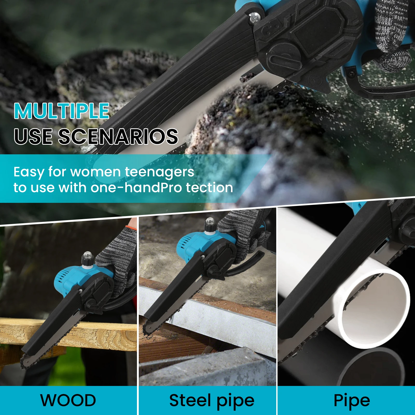 Picture 3: 21V 6Inch Cordless Electric Chainsaw Powerful Electric Small Portable Chainsaw with Automatic Oiler Pruning Saw Woodworking Tool