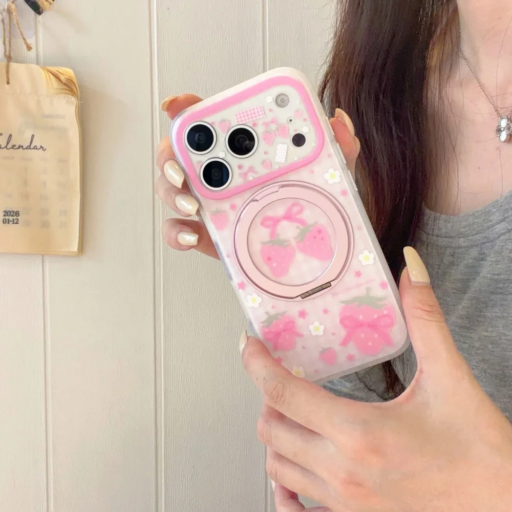 Korea Ins Sweet Strawberry Plaid Phone Case for iPhone 17 Pro 16 Max 15 16 17 Pro Max, with MagSafe Holder Pink Shockproof Cover