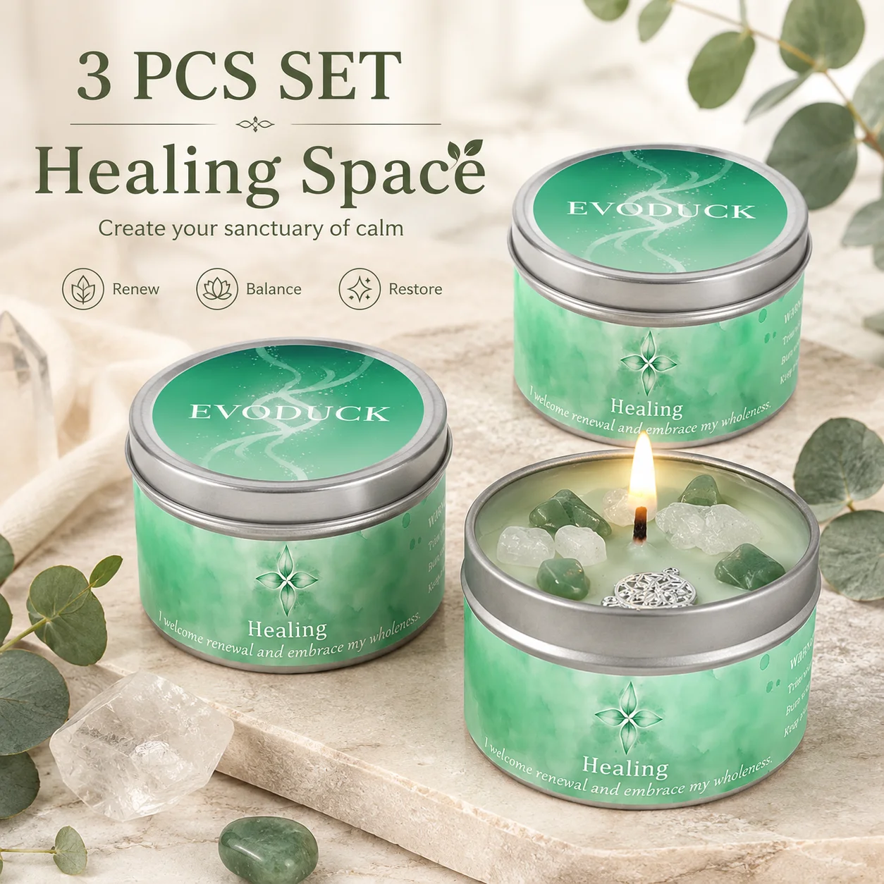 3Pcs Healing Crystal Intention Scented Candle Set, Lavender & Eucalyptus Scented Soy Candles with Green Aventurine & Tree of Life Charm, Chakra Balancing Wellness Recovery Aromatherapy Tin Candles, Christmas Get Well Housewarming Gift