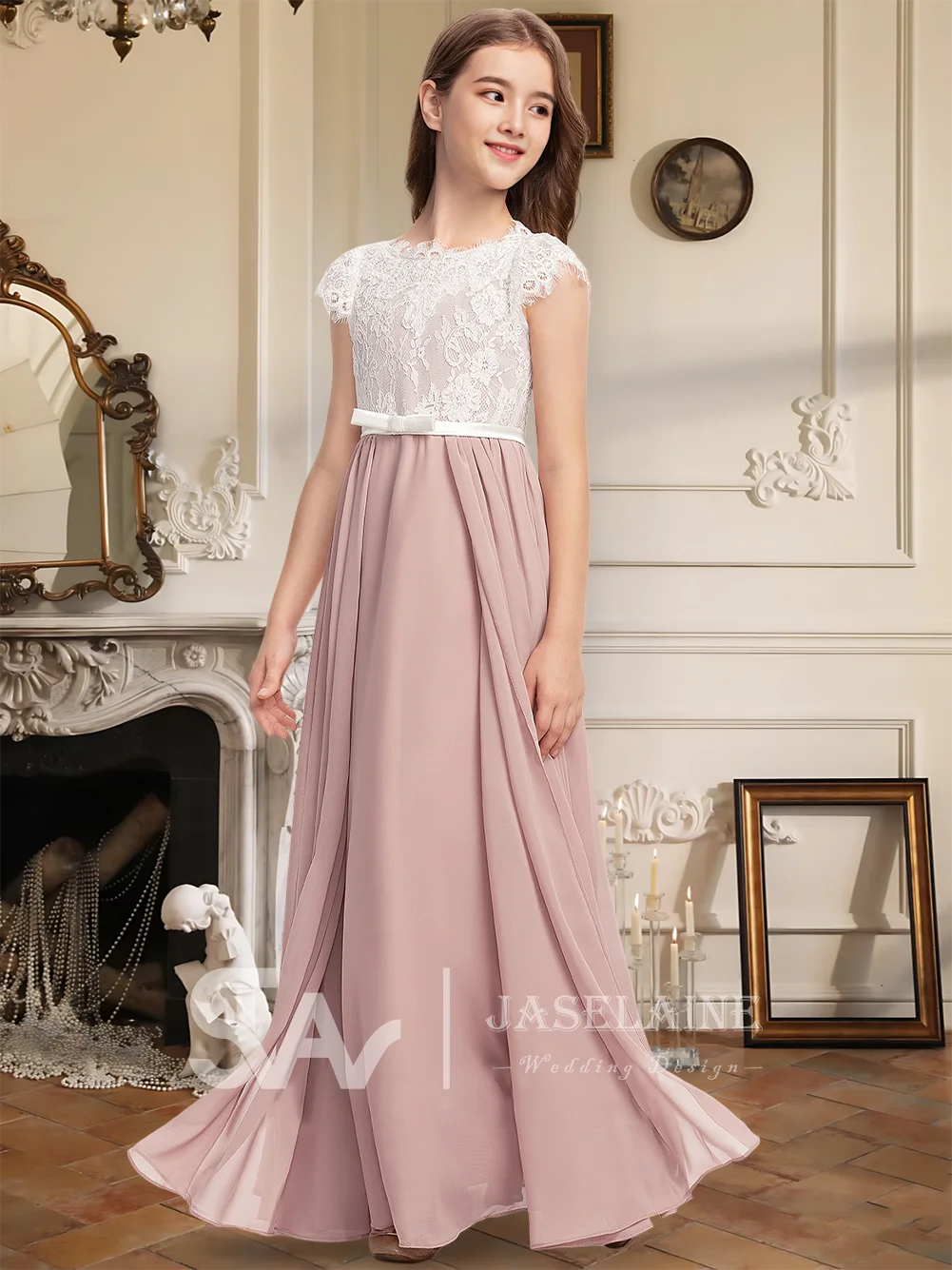 ชุดเพื่อนเจ้าสาวเด็ก B Kids Charming Junior ยาวกรอมเท้า ผ้าลูกไม้ แขนสั้น ผ้าชีฟอง ผ้าซาติน ทรงเอ แต่งดอกไม้ พร้อมโบว์ สีไอวอรี่