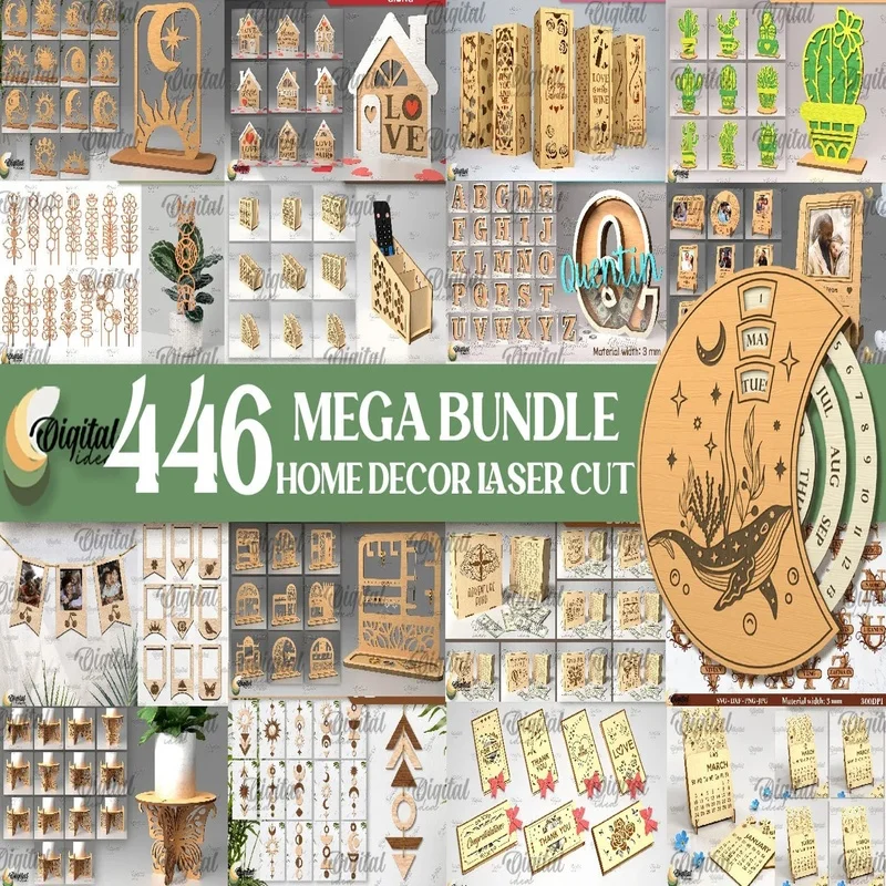 

Home Decor Laser Cut Mega Bundle | 446 SVG Designs | 3D Laser Cut Files | Wine Box, Photo Frame, Piggy Bank & Wall Art