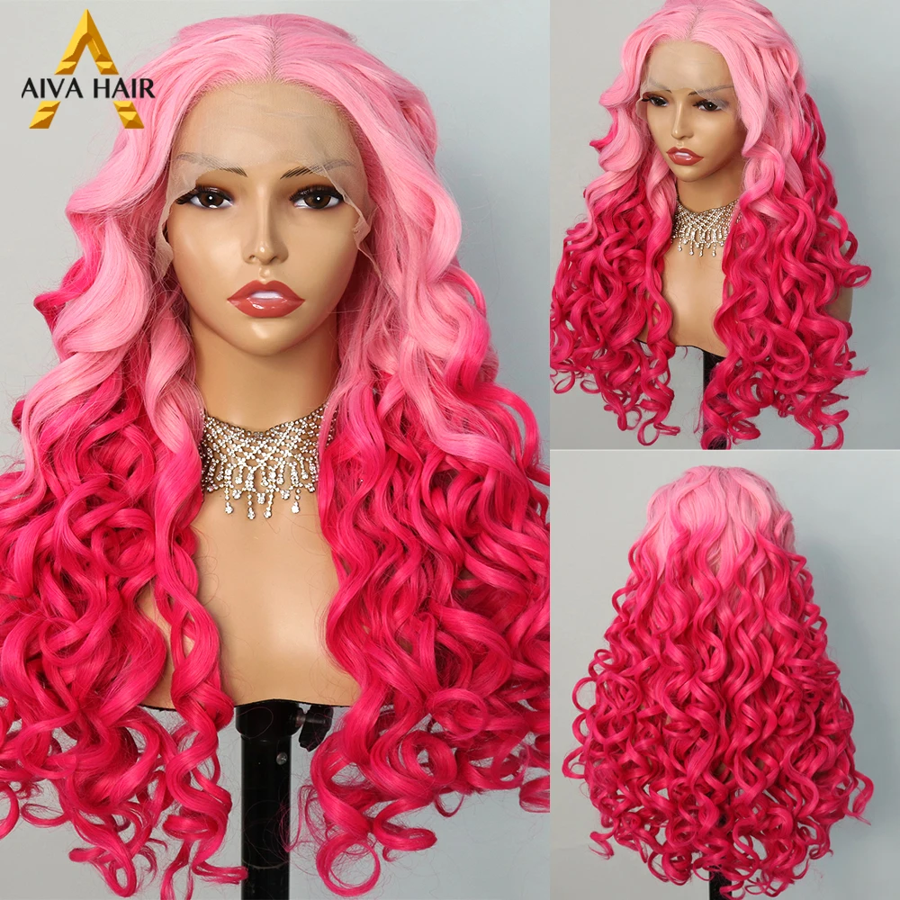 Ombre Pink Colored Synthetic Wig High Temperature Fibe 13X4 Lace Front Wig Pre Plucked Glueless Body Wave Wigs For Black Women