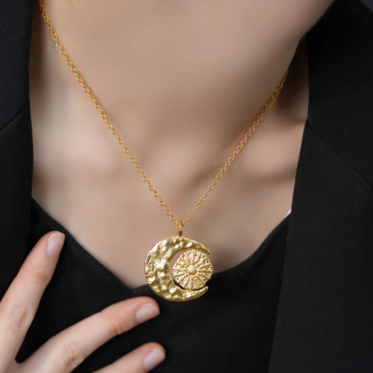YAJUNIEL 24K Real Gold Plated Sun and Moon Celestial Pendant Necklace for Women Hypoallergenic Statement Elegant Jewelry Gift