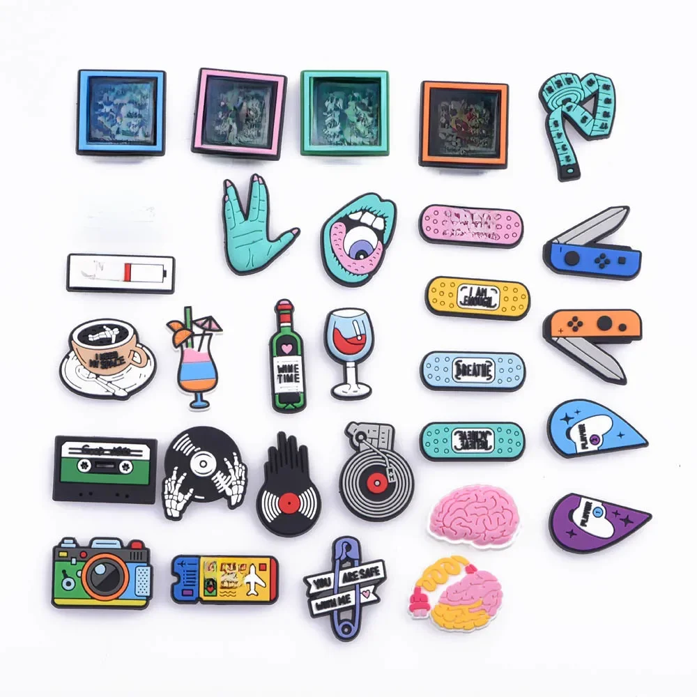 Breloques de chaussures CD de musique, 1 pièce, billet d'appareil photo, accessoires de café, sabot de dessin animé, décoration de chaussures