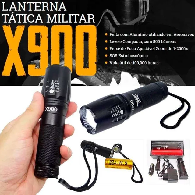 Lanterna Militar/Tática/Operacional NEVERDIE X900 LED Potente Recarregável com Zoom