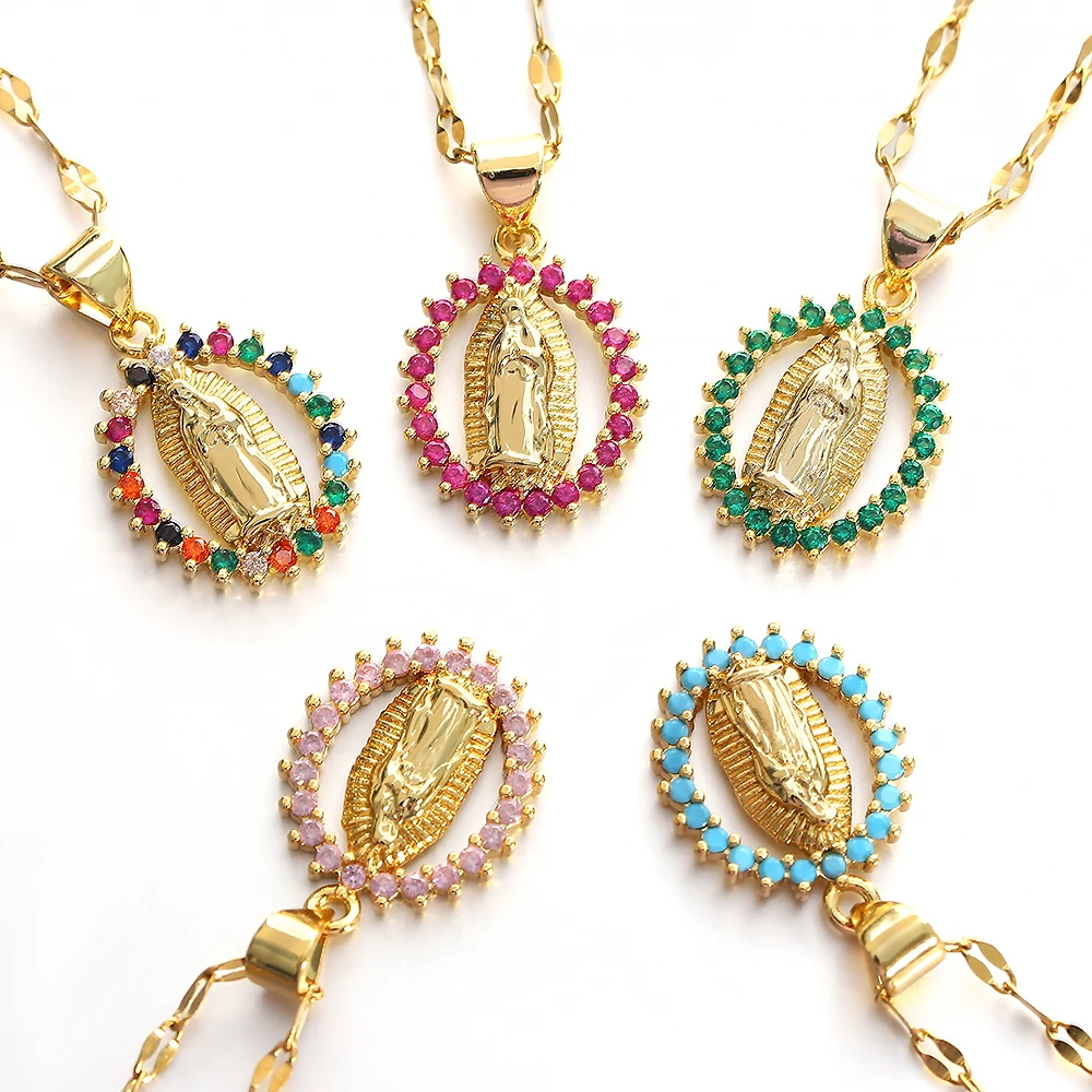 Collar con colgante de medalla religiosa de la Virgen María, arcoíris CZ María, dijes milagrosos, joyería, Collar de cadena cristiana católica