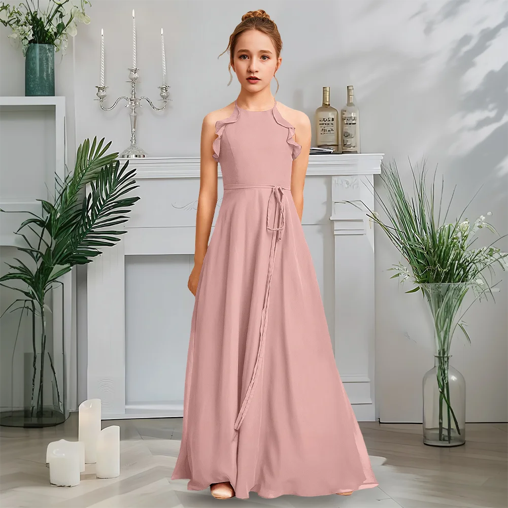 T Burgundy A Line Junior Bridesmaid Dress Flower Girl Dress Chiffon Halter Floor Length Girls Party Wedding Party Formal Wear