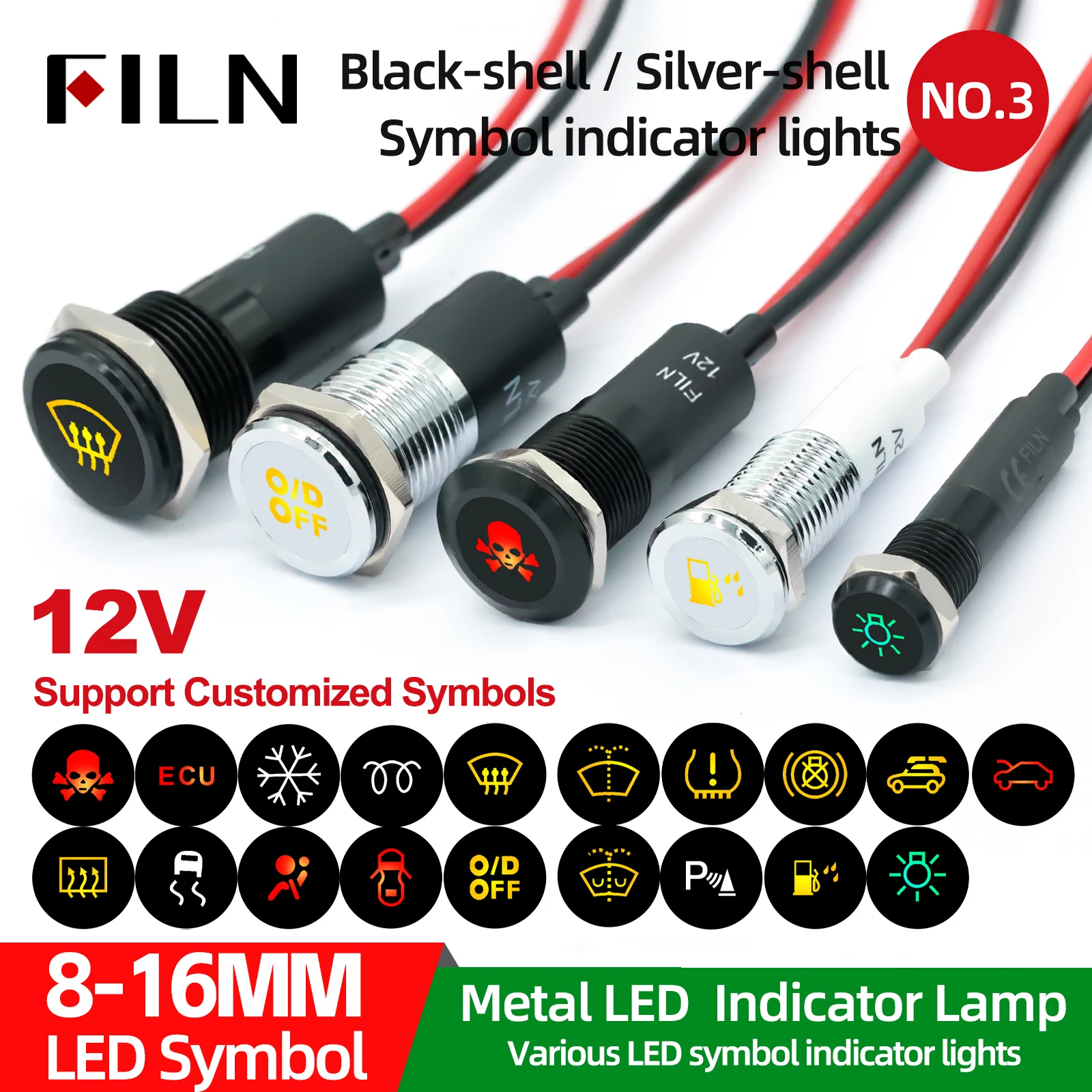 

FILN 8mm/10mm/12mm/14mm/16mm 12V 24V Symbol Metal Indicator Light with Wire Daslight Panel Pilot Lights Applicable for Automobi