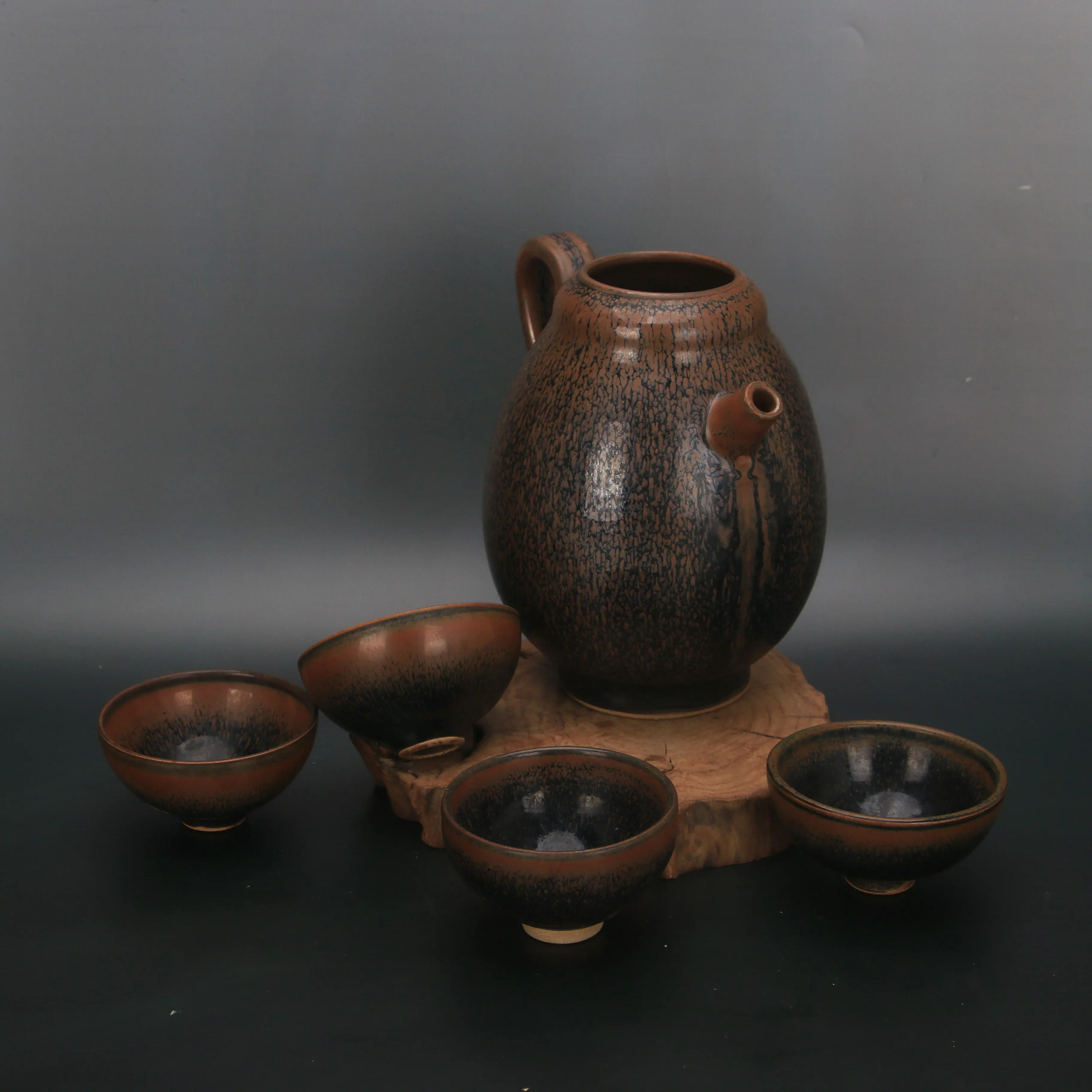 Chinese Song Style Jian Ware Tenmoku Glaze Rust Spot Ewer with 4 Cups Vintage Porcelain Tea Set Home Decor Collectible