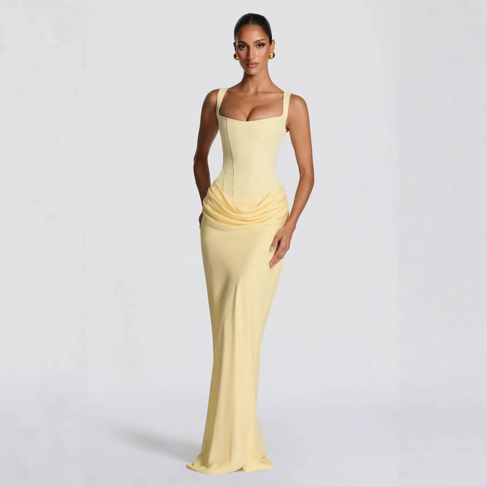 Draped U Neck Dress Slim Fit Elegant Long Dress Refined Commuter Pullover Tie Front Regular Sleeve Travel Spring for Women