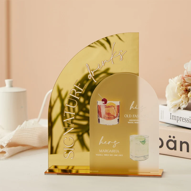 

Золотая зеркальная табличка для свадебного напитка, меню бара, свадебные коктейли для него и для нее, меню фирменных напитков, табличка для свадебного бара