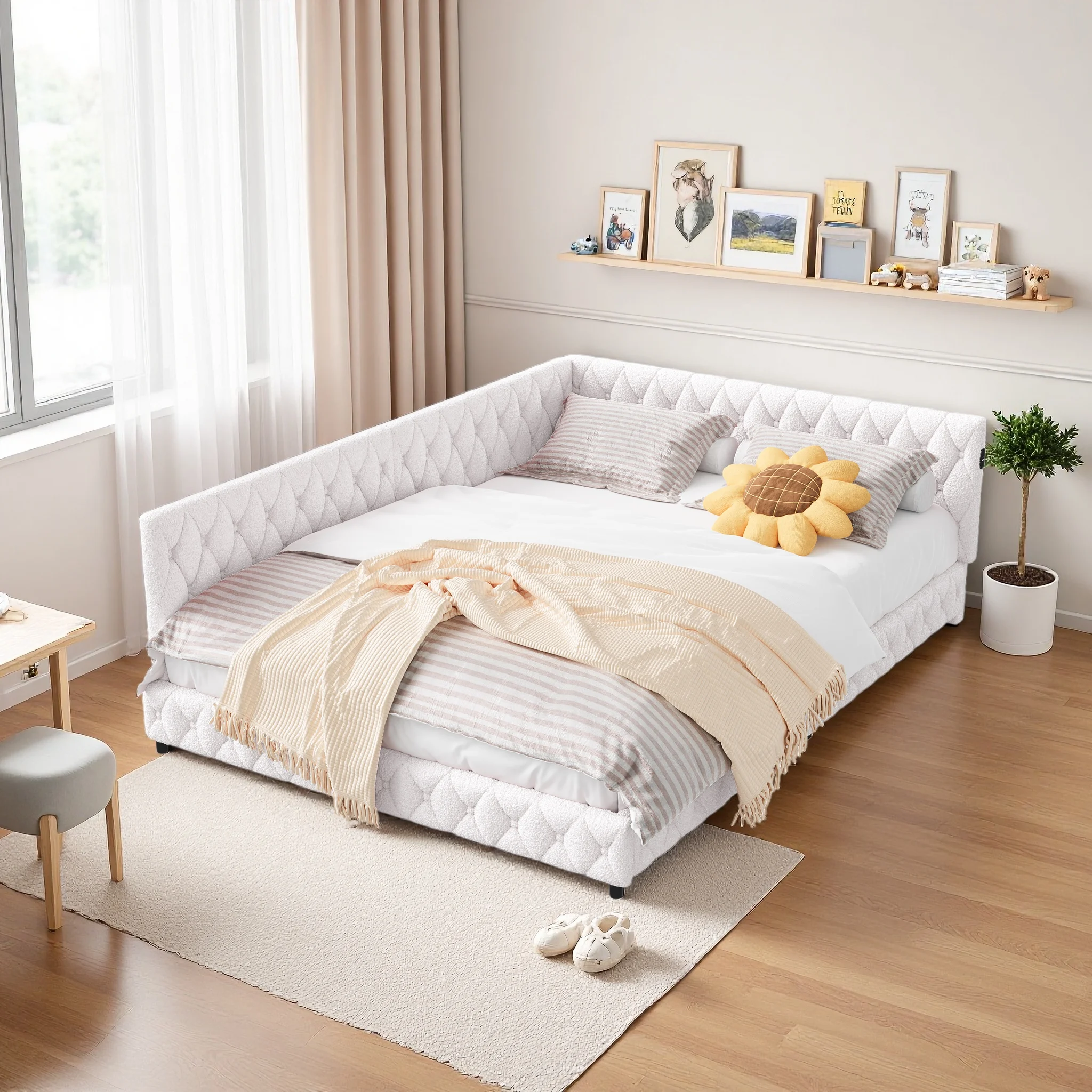 Simurq Full XL Doppelbett 140x200 cm, Beige Samt-Polsterbettgestell mit Holzlattenrost und Seitenschutz, Kinderbett, Traglast 340kg