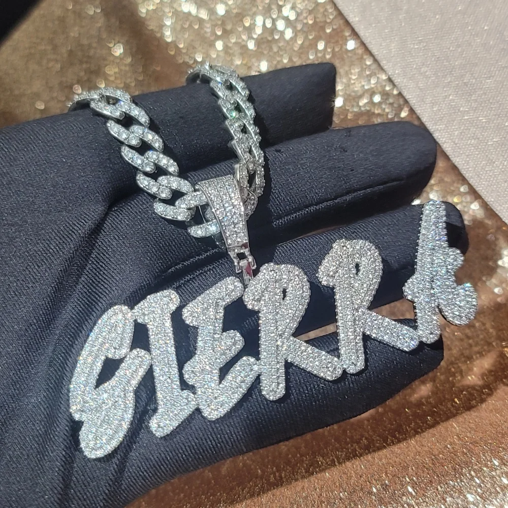 Custom Iced Out Cubic Zircon Diamond Custom Brush Font Letter Pendant Necklace Chain For Women Personalized Hip Hop Jewelry Gift
