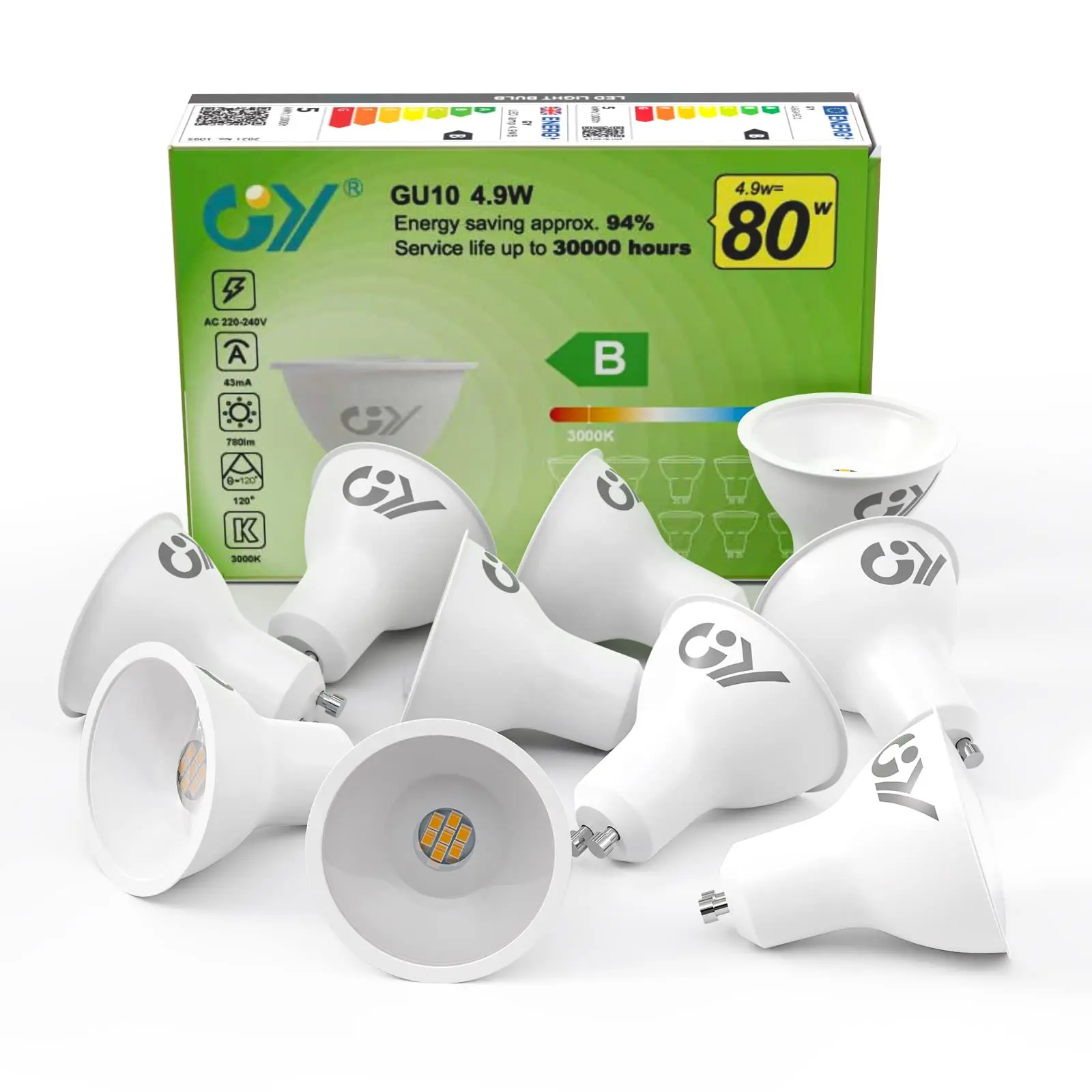 Ampoule LED GY GU10 4,9 W 790 lumens, remplacement halogène 80 W, 120 °   Faisceau large, non variable, classe B