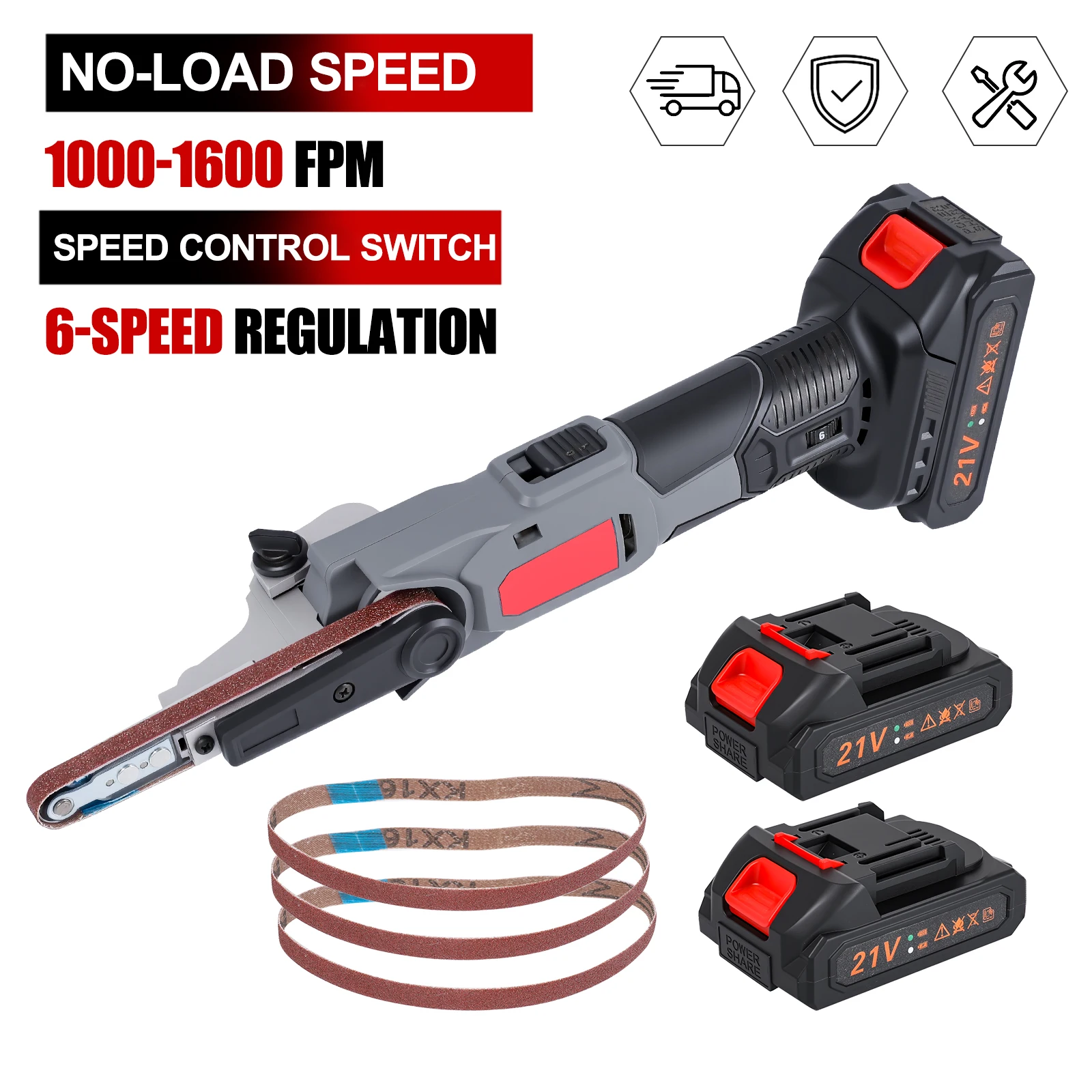 Kabelloser Bandschleifer/Akku-Bandschleifer - 6-Gang 35 °   Einstellbare elektrische Schleifmaschine, ausgestattet mit 3 Schleifbändern, geeignet für Holz- und Metallpolitur (inklusive 2 Batterien und