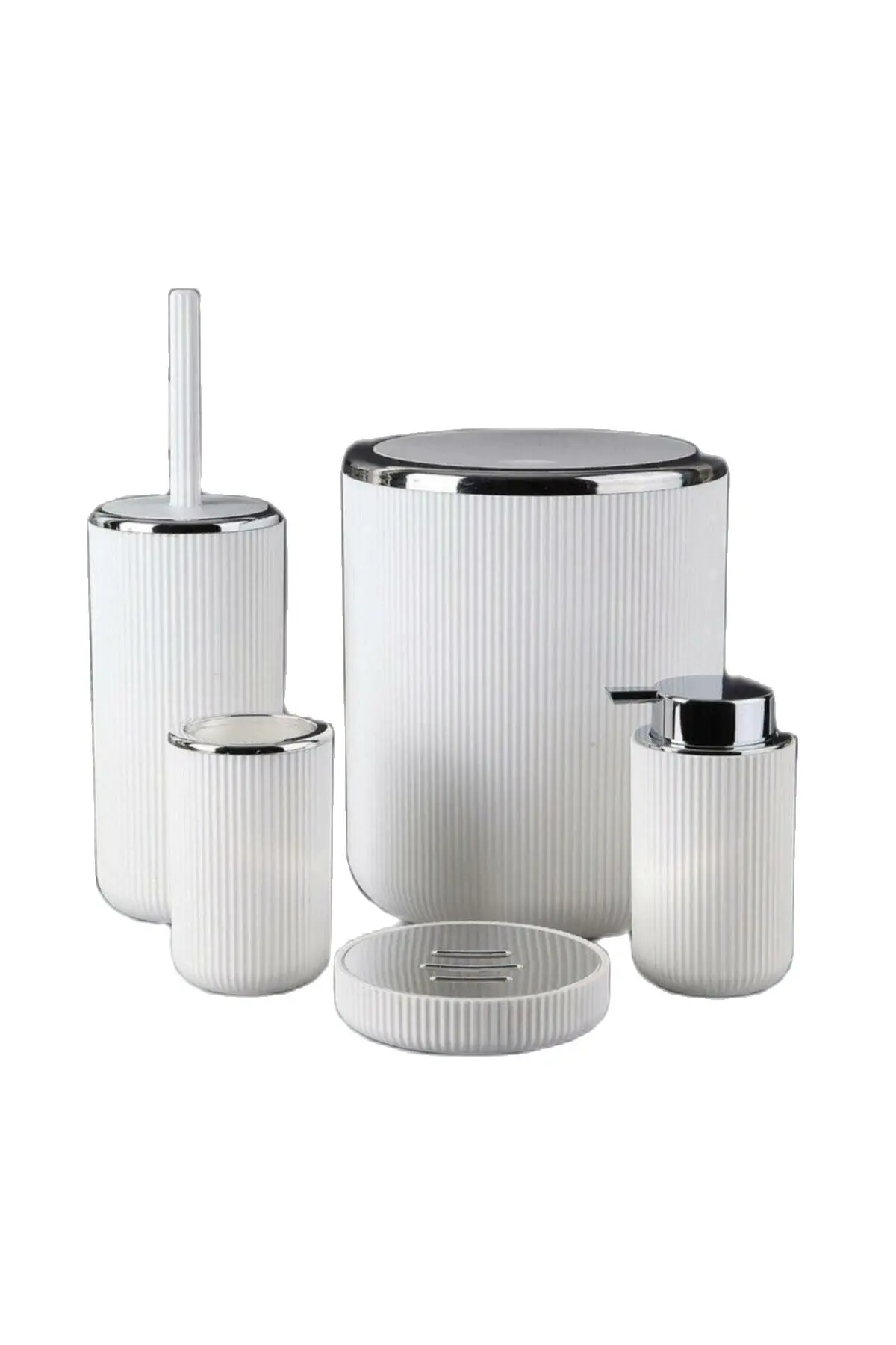 Bathroom Accessory Set 5 Pcs White Trash Can Liquid Soap Dispenser Solid Soap Dispenser Toothbrush Holder Toilet Brush Fastgrup