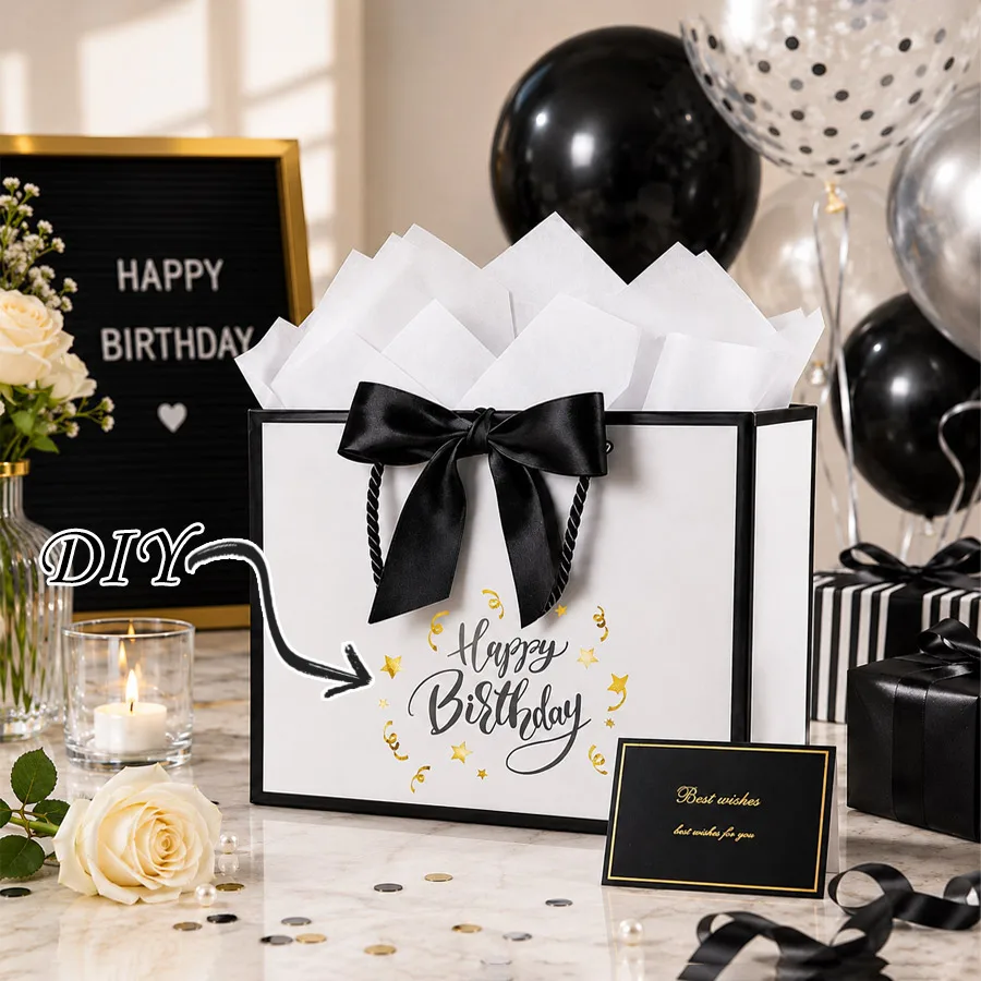 2 Sets. Black/Withe/Pink Gift Bag Set, 11''x7.87''x4'' Medium, 1 set = 5 pcs = ( Gift box + card + tissue paper + ribbon bow )