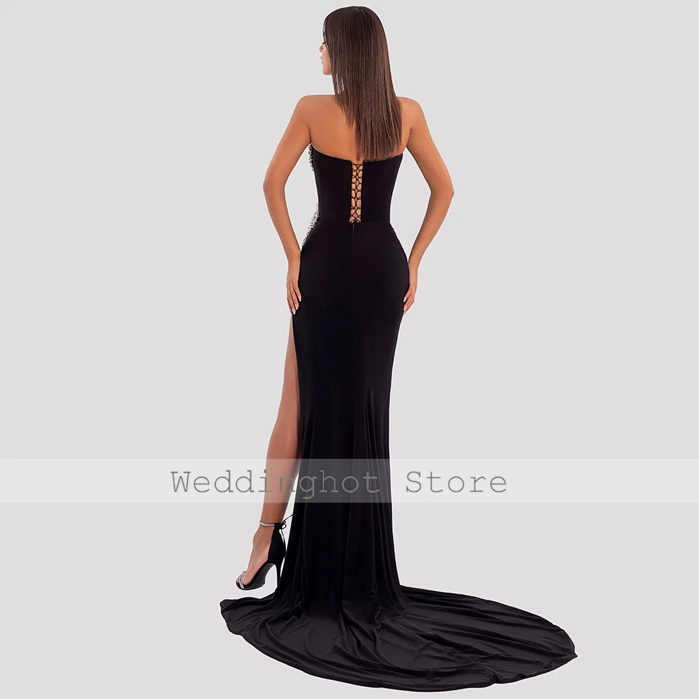 Black Satin Long Beaded Evening Gowns Rhinestone Side Fork Bespoke Occasion Gown Sheath Strapless Sexy Evening Dresses 2024