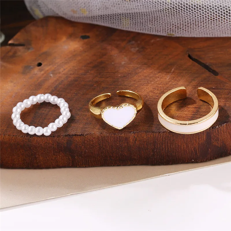 New Fashion Vintage Drop Oil Pearl Opening Rings Set For Women Love Heart  Metal Ring Party Birthday Accessories Jewelry Gifts