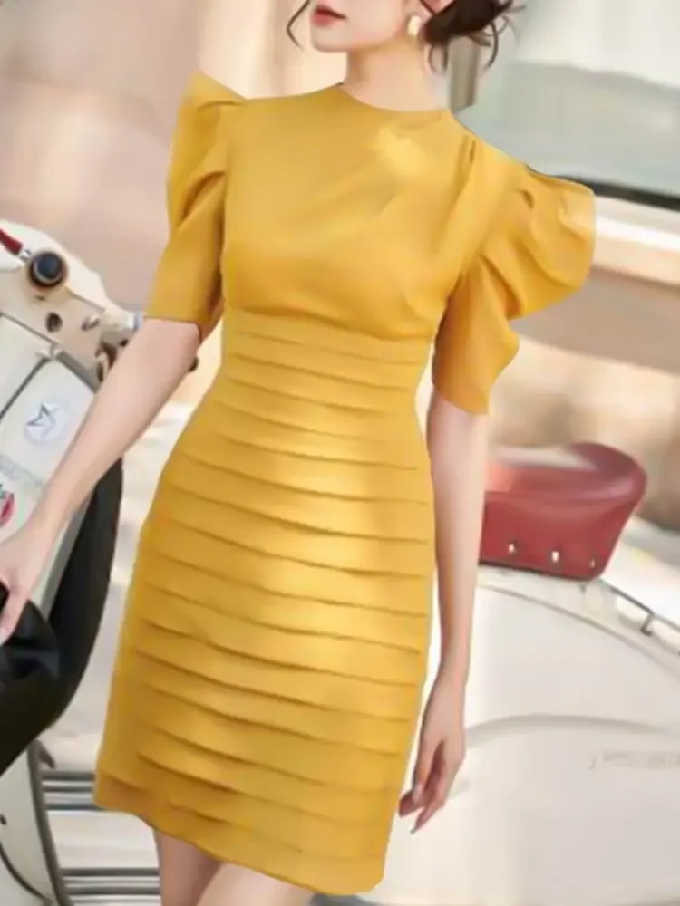 ZANZEA Women Chic Pleated Wrap Dress 2024 Summer Elegant Puff Short Sleeve Party Dress Vintage Cocktail Dress Sexy Slim Vestidos — zdjęcie 2
