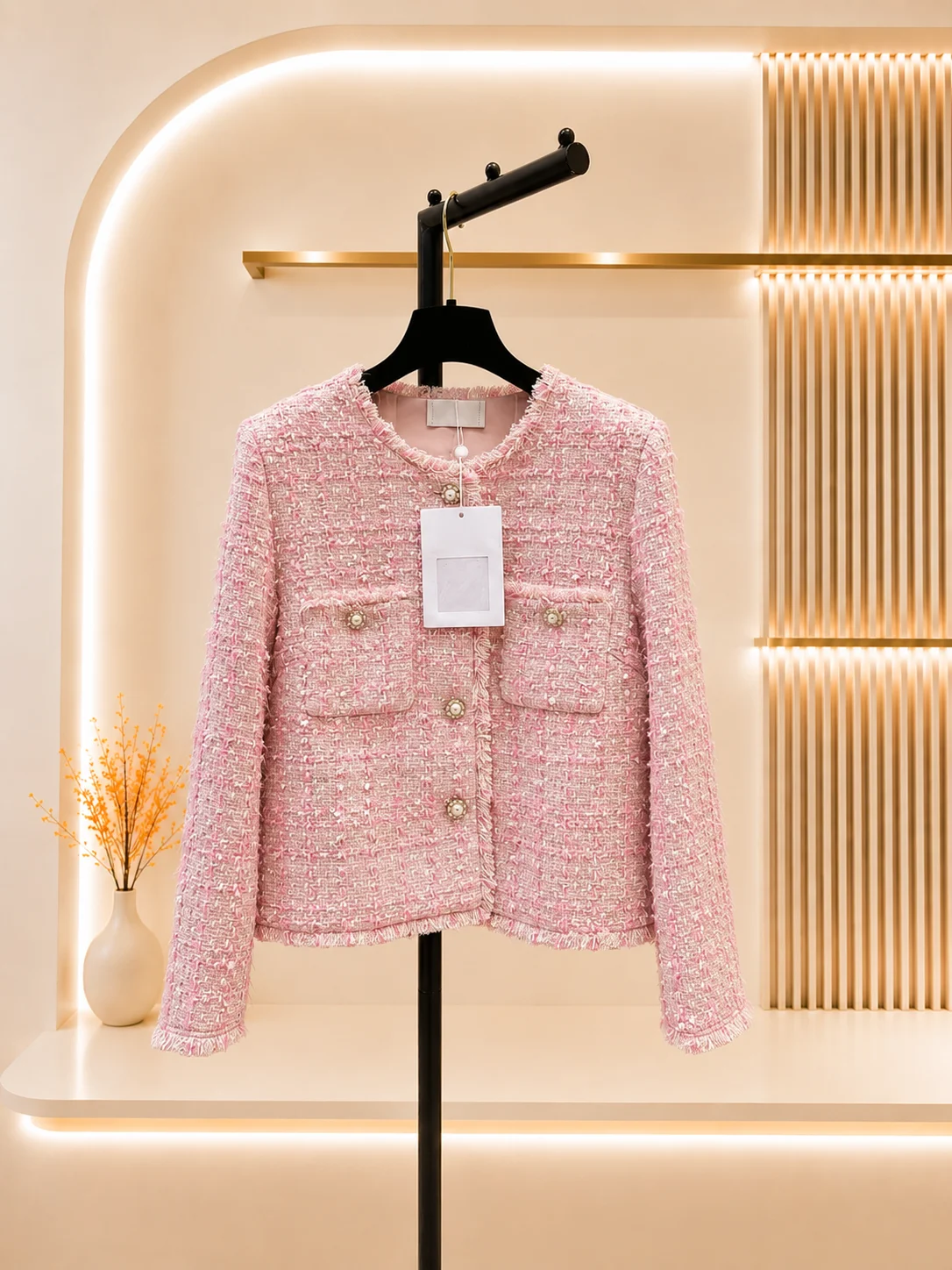 2026 Women Tweed Jacket Custom Tweed Multi Yarn Weave Handmade Frayed Edge Trim Pearl Buttons Cropped Outerwear