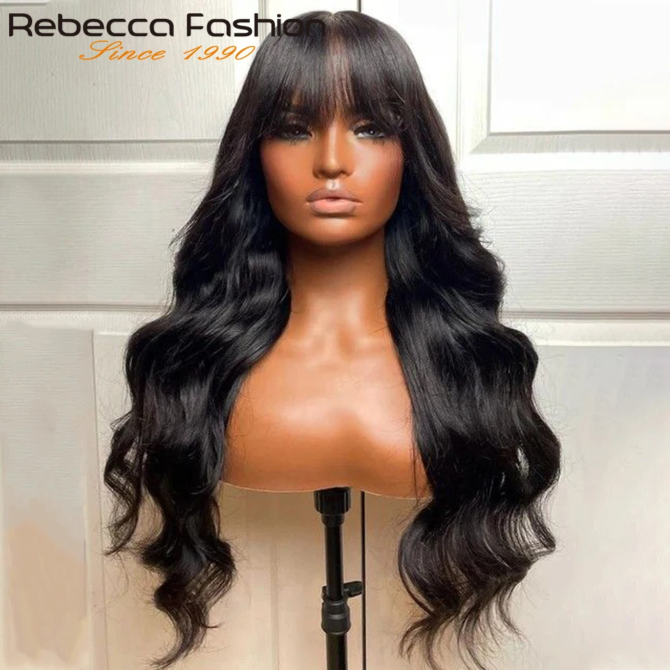 180D 1B Body Wave Human Hair Wigs With Bangs Fringe For Women Brazilian Body Wave Human Hair Wigs With Bangs Machine Made Wigs