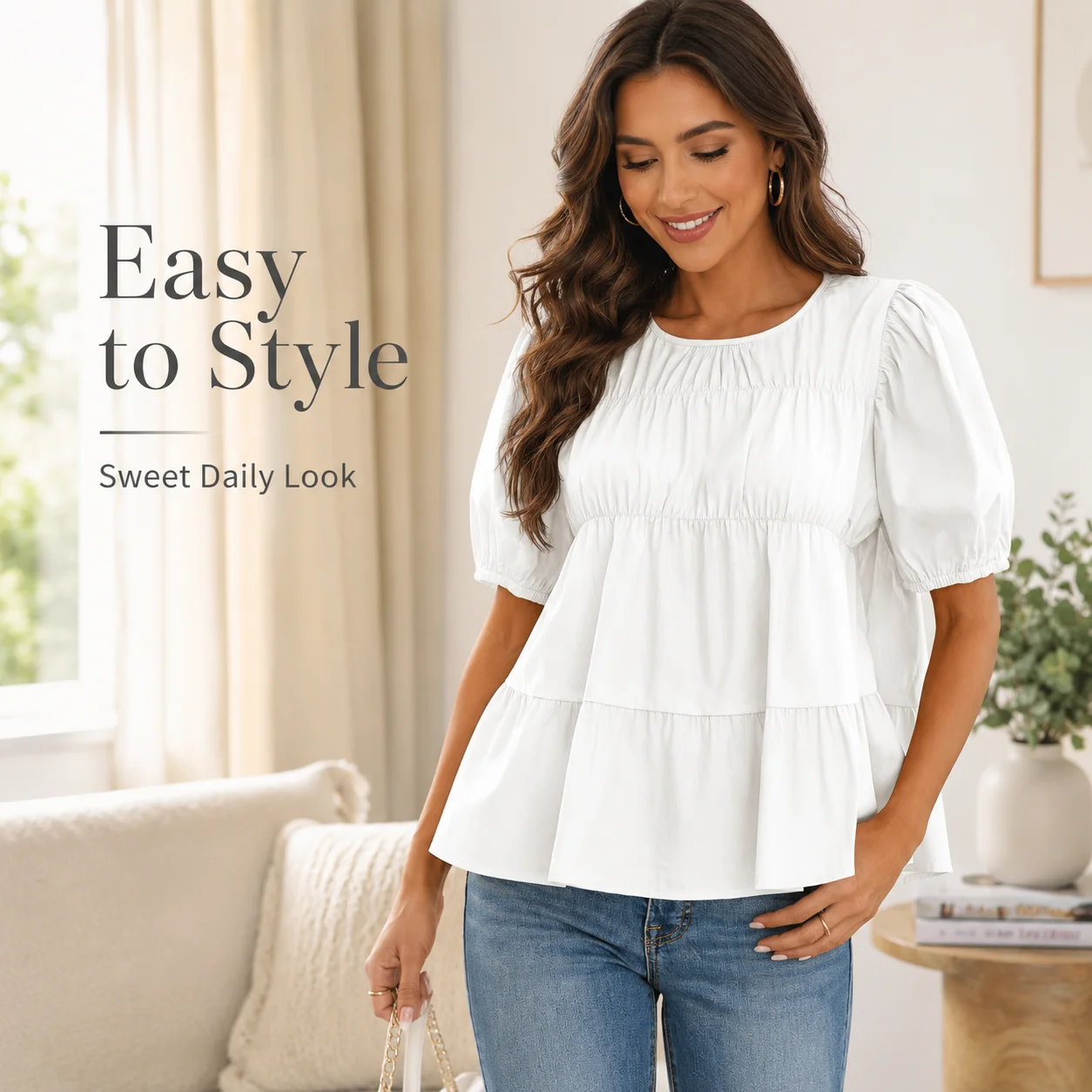 Women Summer Puff Sleeve Babydoll Blouse Loose Round Neck Peplum Top Casual Solid Color Shirt