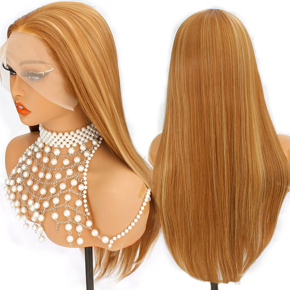 

Блондинка 26 дюймов 13X4 Прямые синтетические парики фронта шнурка Прозрачные швейцарские парики шнурка Прямые кружевные фронтальные парики 260 г Парики для косплея