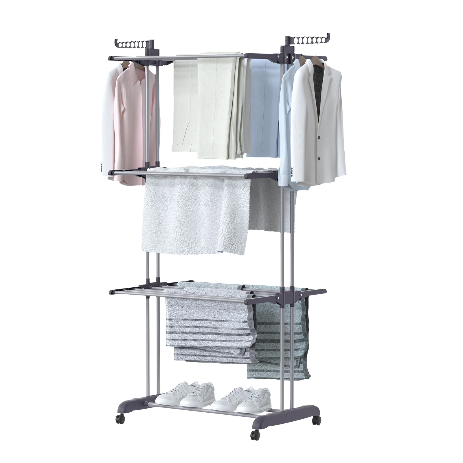 Tour à linge XL pliable compacte à 3 niveaux en chêne et thé pour le linge et support à linge pliable