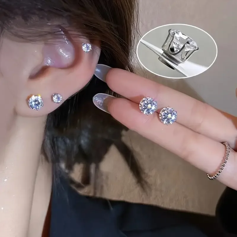 6mm Diamond Earrings, Classic T-Shape Prong Setting Clear Stone Studs, Minimalist Daily Wear Ear Jewelry for Women