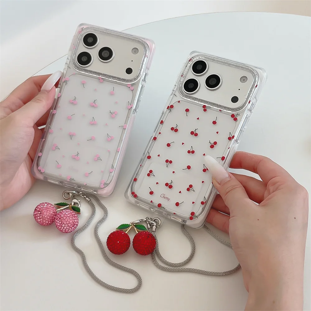 

Korean Cute Cherry Glitter Clear Phone Case for iPhone 16 Pro 17 16 15 Pro Max Funda Case with 3D Charm Chain Kawaii Cover Capa