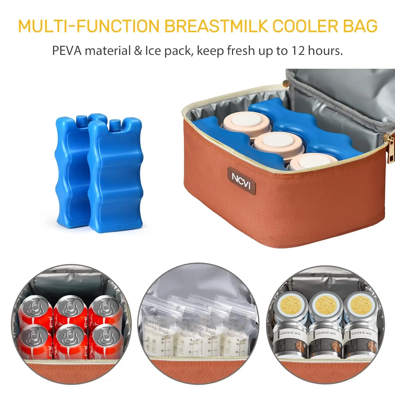 NCVI Breastmilk Cooler Bag with Ice Pack，Orange Multifunction Nursing Travel Bag，Insulated Lunch Bag, Baby Bottle Bag Fits 6 Bot