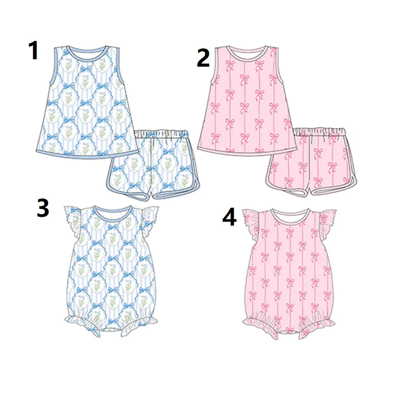 

Girls Pink Floral Bow Print Sleeveless Jumpsuit Short Sleeve Milk Silk Boutique Wholesale Fashion for Kids