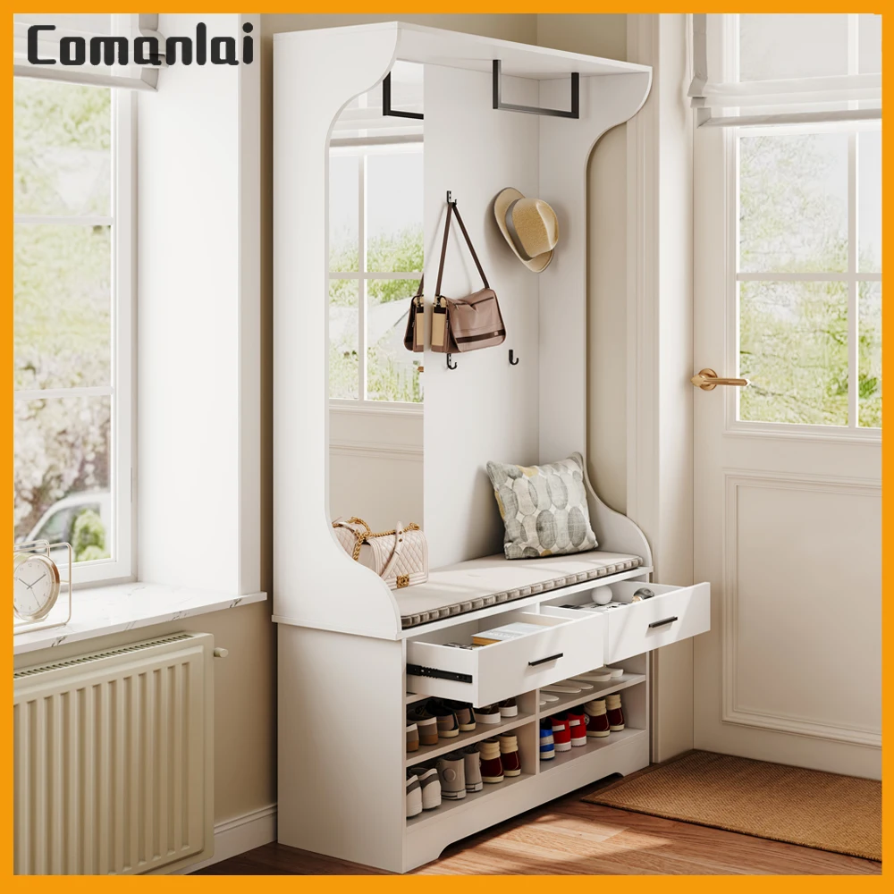 Comanlai Ensemble de garde-robe avec miroir, étagère à chaussures, tiroirs et espace de rangement ouvert, armoire moderne pour chambre à coucher, couloir, blanc
