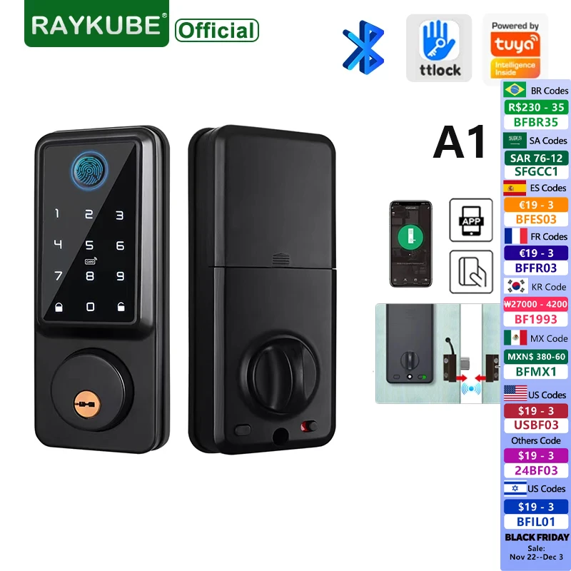 RAYKUBE A1 TT Lock/ Tuya Auto Fingerprint Deadbolt Smart Door Lock Digital Lock With Door Sensor Password/IC Card/APP/Key