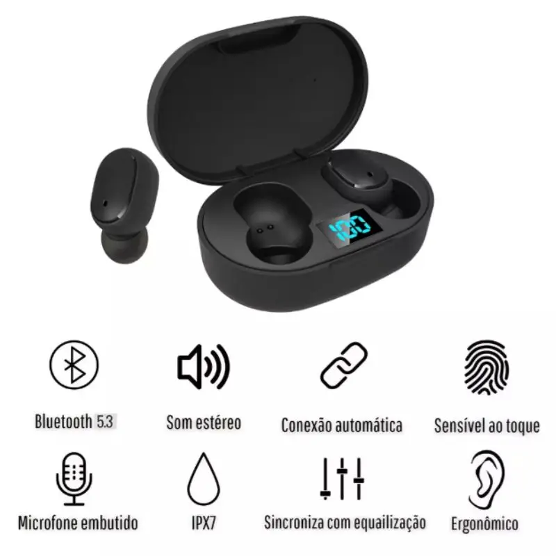 Fone De Ouvido Bluetooth 5.3 Vohz E6S Preto Visor Lead