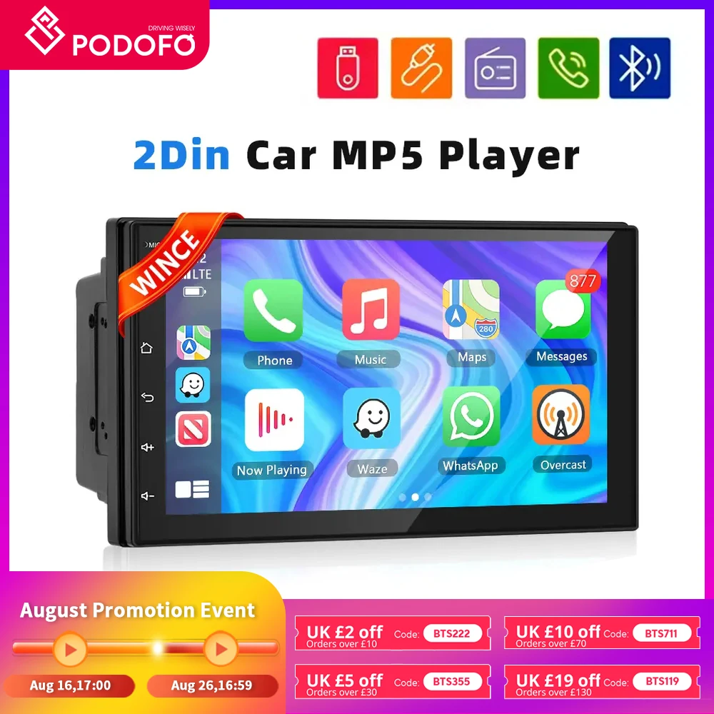 Podofo Carplay Android Auto Car MP5 Player 7 Inch 2 Din Universal Multimedia Video Player MirrorLink FM USB AUX BT Radio