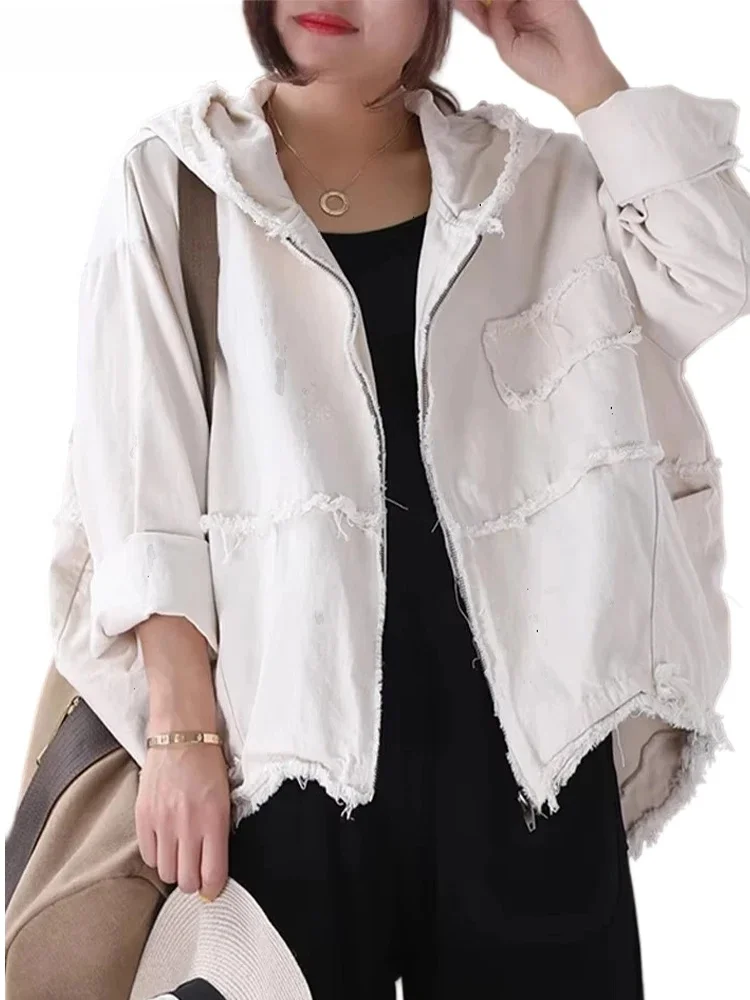 Amax luluE koreańska damska luźna odzież wierzchnia modne płaszcze damskie ubrania z kapturem Vintage kurtki wiosenne ponadgabarytowe Denim Streetwear — zdjęcie 2