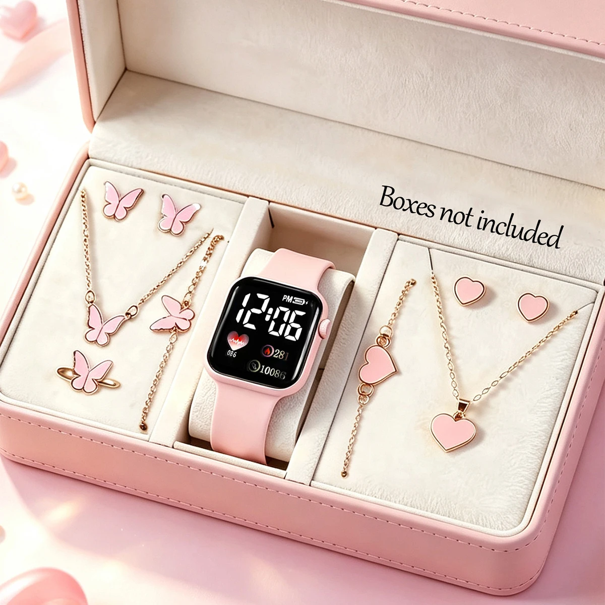 10-Piece Set, Cute Electronic Watch for Girls with Jewelry Set, Cute and Simple, Heart Pattern, Digital Display, Square Dial, Silicone Strap, Great Gift for Birthday and Back-To-School Season.